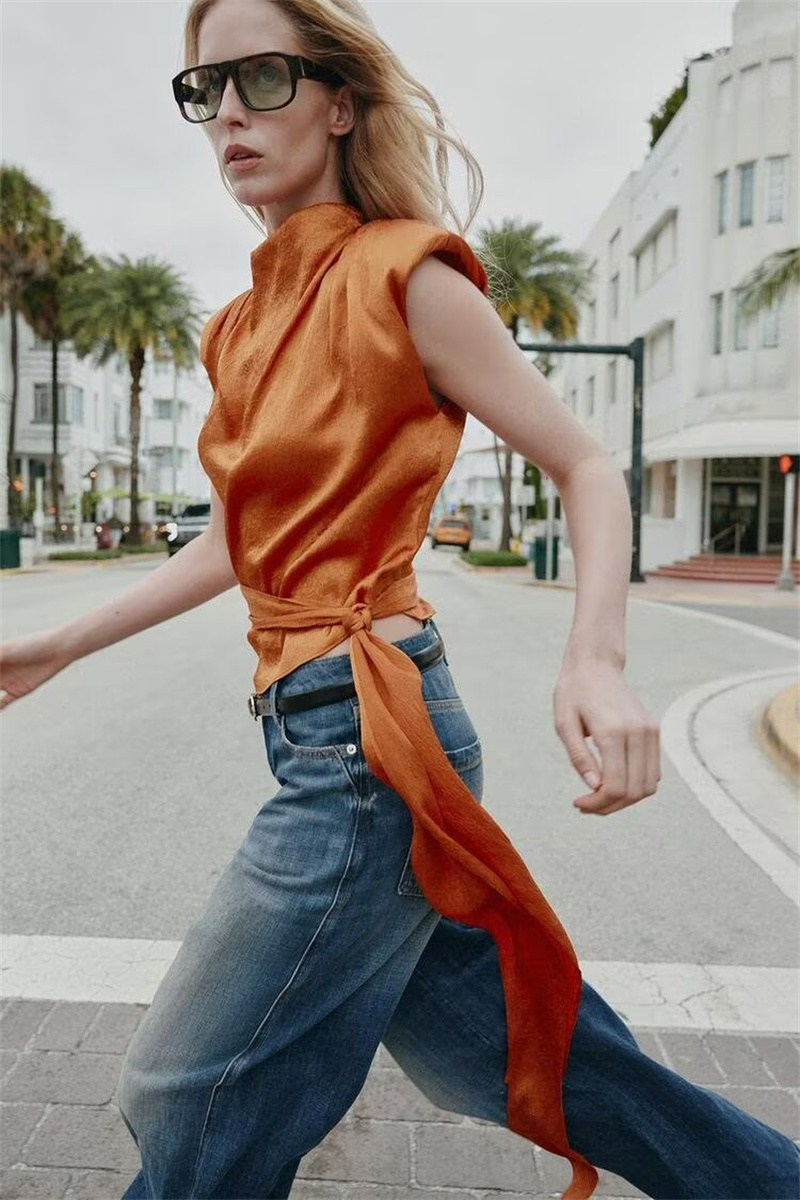 Satin Shawl Collar Sleeveless  - огляд і ціна Shirt Camp Collar